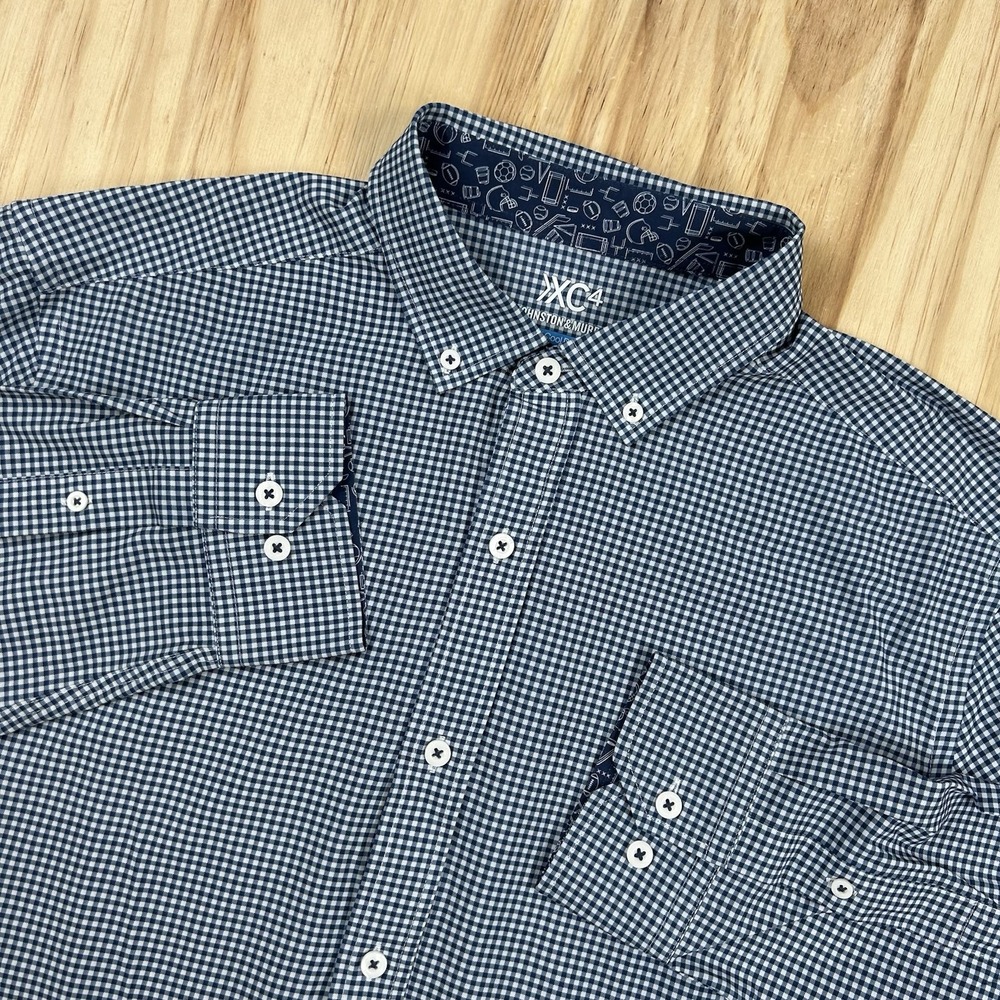 Johnston Murphy XC4 Cool Degree Mens L Blue White Plaid Long Sleeve Button Up